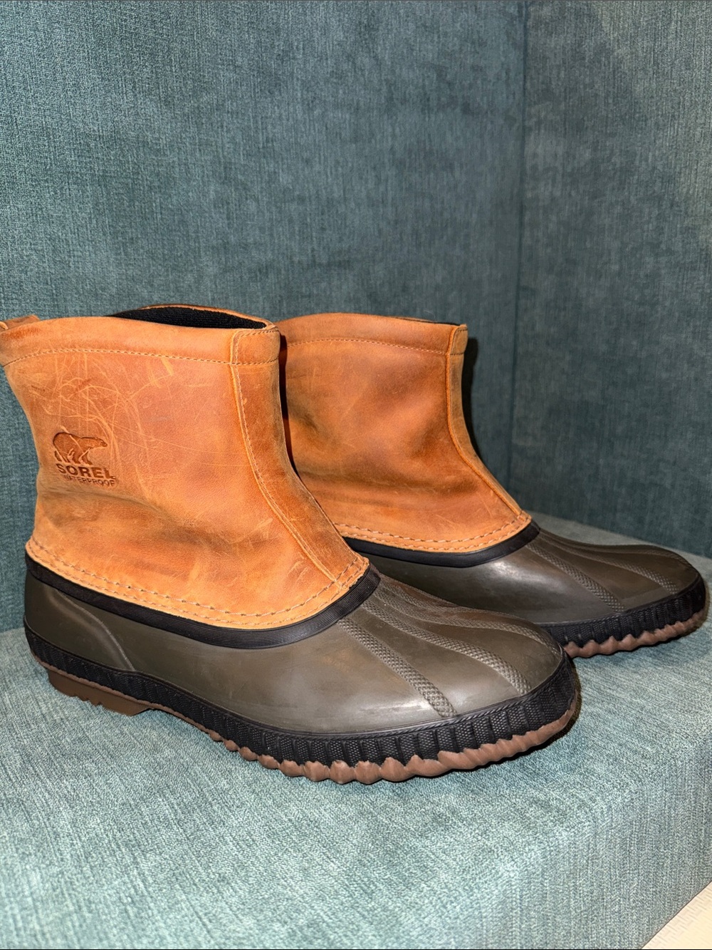 Sorel Men's Two-Tone Waterproof Duck Boots in Orange and Brown